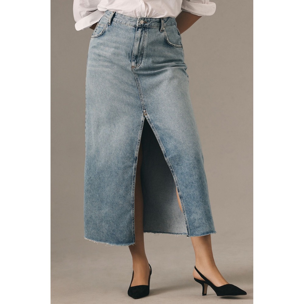 Anthropologie‎ Pilcro Madi Front Slit Denim Maxi Skirt Sz 16 Light Wash Fray Hem